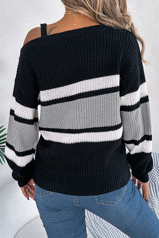 Gestreifter, kontrastierender, lockerer, langärmeliger Strickpullover mit Metallschnalle