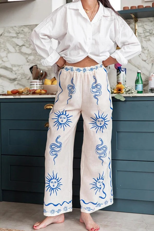 Symbol of Sicily – Hose aus Leinenmischung mit einzigartigem Druck, elastischer Taille und Taschen mit weitem Bein