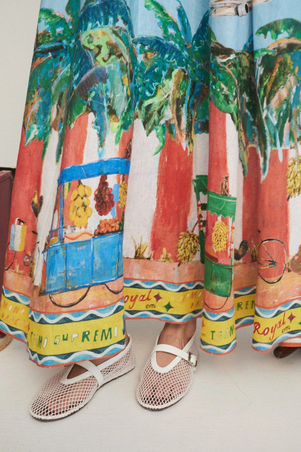 Summer Energy – Midikleid aus Leinenmischung mit einzigartigem Druck, gesmokten Rückentaschen