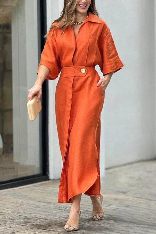 Asher – Lockeres Midikleid aus Leinenmischung mit weiten Ärmeln und Knopftaschen