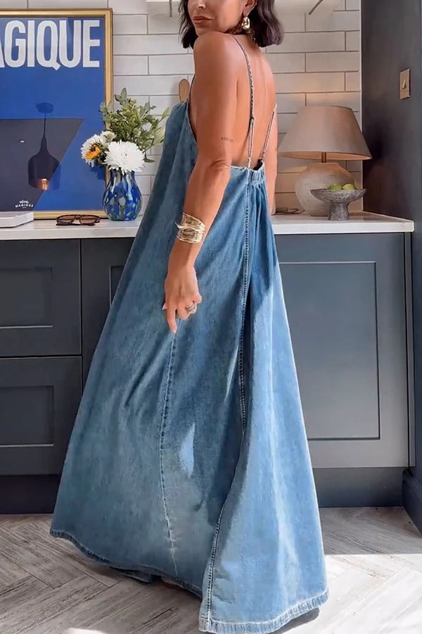 Tenaya A-Linien-Maxikleid mit elastischem Denim-Rücken und lockerem Slip