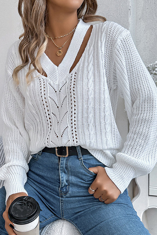 Lässiger, hohler Langarm-Strickpullover mit V-Ausschnitt