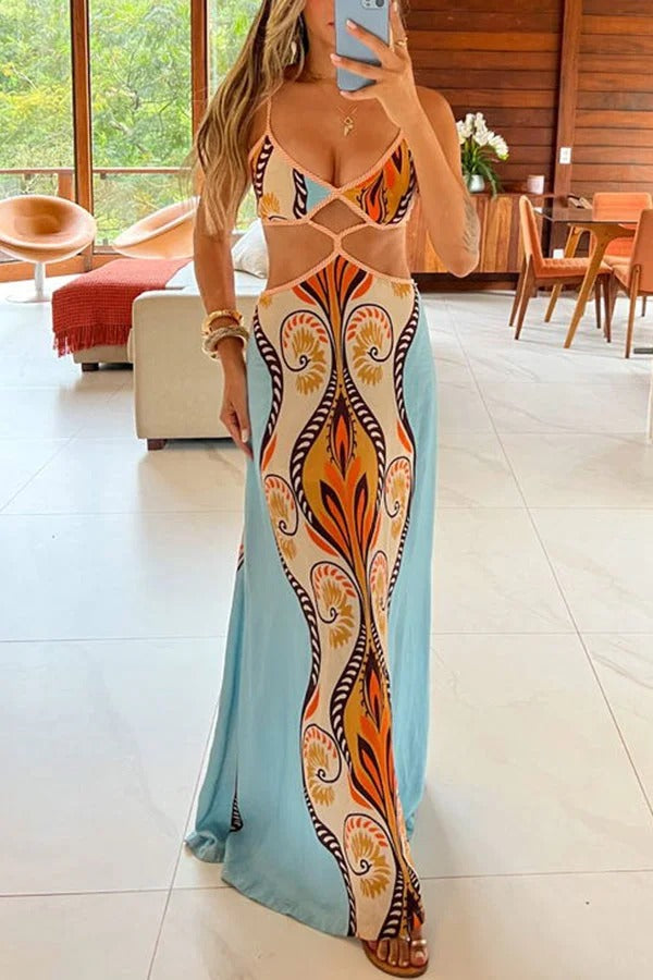 Robe longue en lin mélangé Summer Symphony, imprimé ethnique unique, découpe à la taille et lien au dos