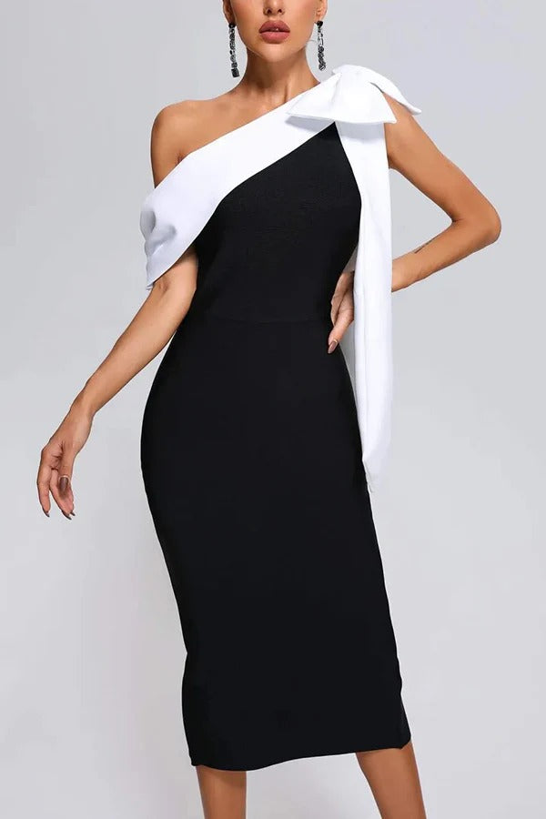 Elegantes One-Shoulder-Bandage-Midikleid mit Schleife im Abendlook