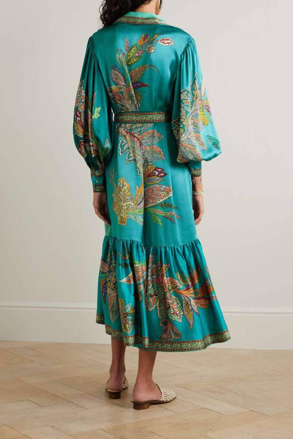 Satin-Midikleid im Resort-Stil mit einzigartigem Aufdruck, Revers und Laternenärmeln