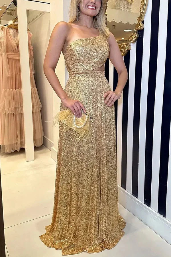 Glamour of Disco – Rückenfreies Maxikleid mit Pailletten, One-Shoulder-Träger und Cut-Outs
