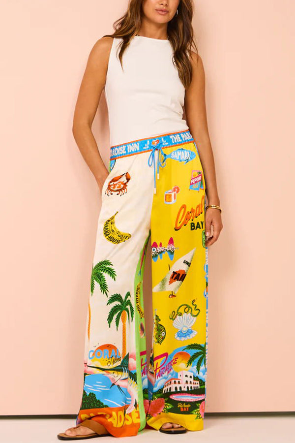 Kissed By The Sun – Satinhose mit einzigartigem Farbblock-Print und elastischer Taille und Taschen und weitem Bein