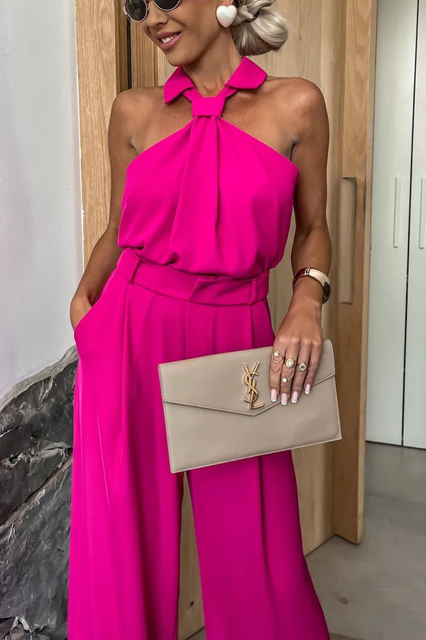 Modischer Jumpsuit mit Neckholder-Hemdkragen, Taschen und weitem Bein im einzigartigen Look