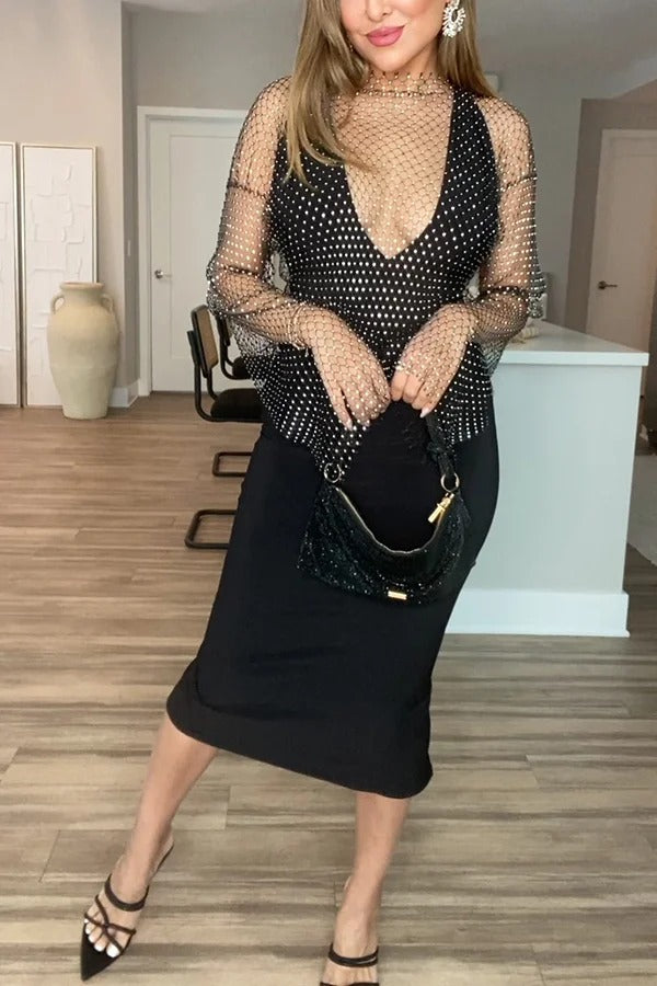 Beste Lagen-Artikel: Langärmliges Oberteil mit Diamant-Netzstoff