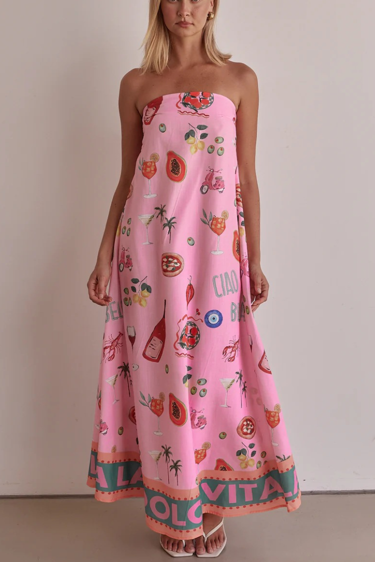 Feeling Fun – Schulterfreies, lockeres Maxikleid aus Leinenmischung mit einzigartigem Druck