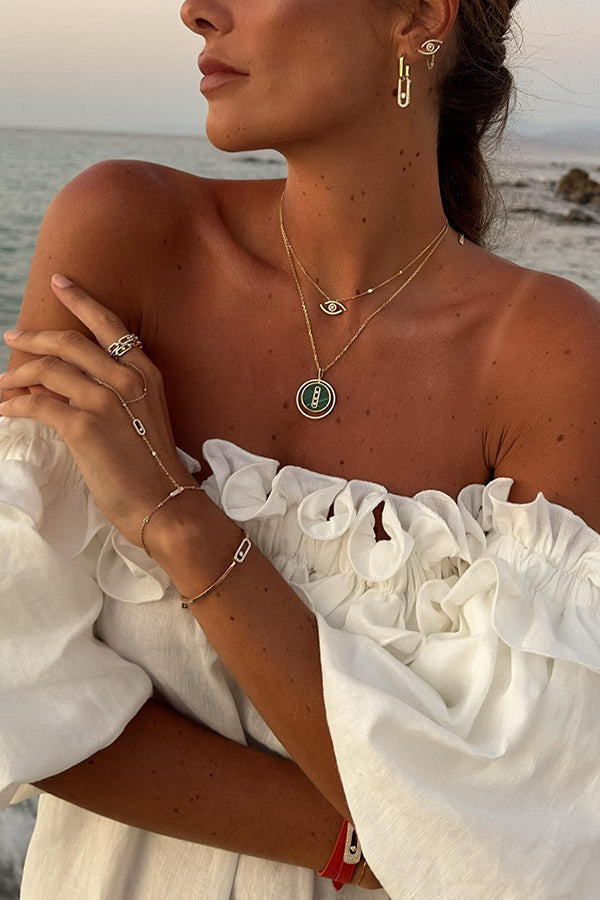 Francisca – Schulterfreies Midikleid aus Leinenmischung mit Rüschen, Puffärmeln und Taschen