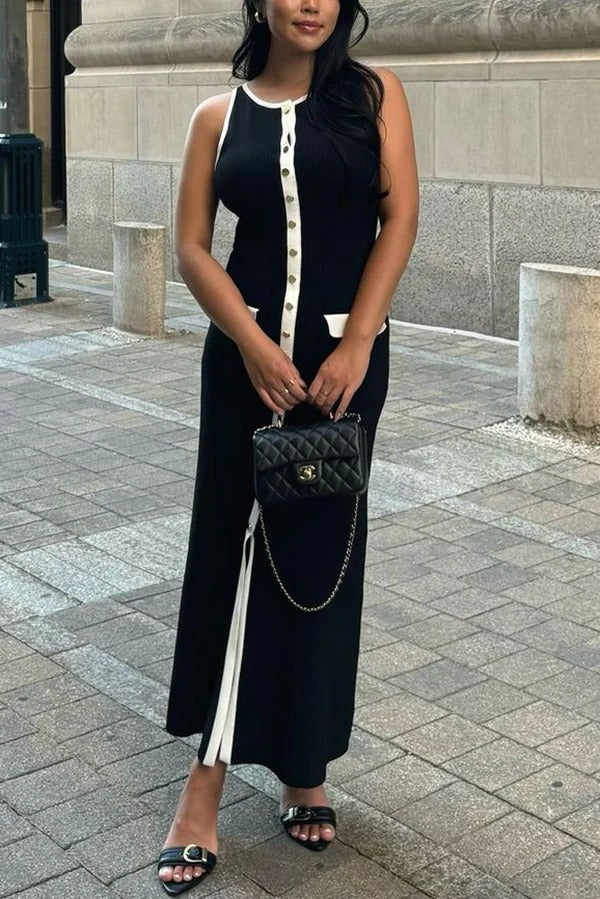 Elegantes Slim Fit Rundhalsausschnitt Ärmelloses Midi-Strickkleid mit Knöpfen