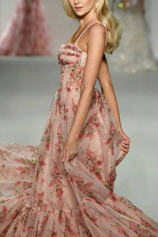 Danah Tulle Floral Print Corset Sweetheart Neck A-line Gown Maxi Dress