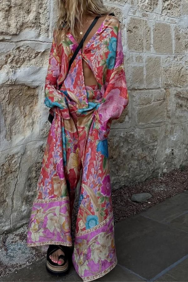 Chemisier décontracté à manches longues et boutons à imprimé floral bohème de Painter's Garden