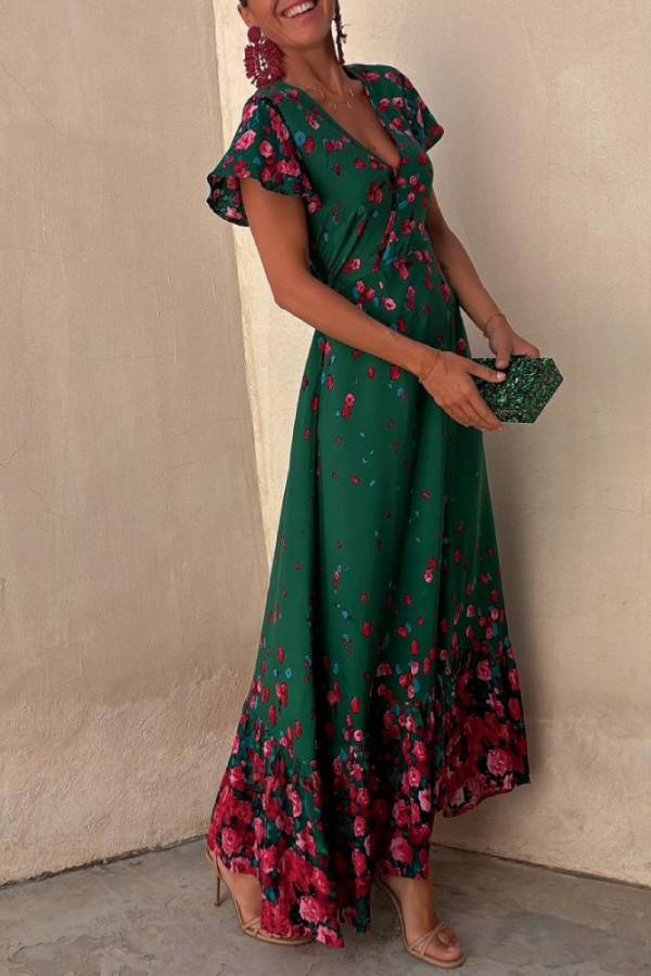 Robe longue ample à imprimé fleurs tombantes et manches à volants