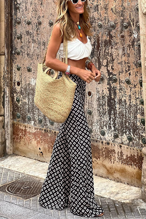 Pantalon évasé extensible taille haute à imprimé géométrique pour filles hippies