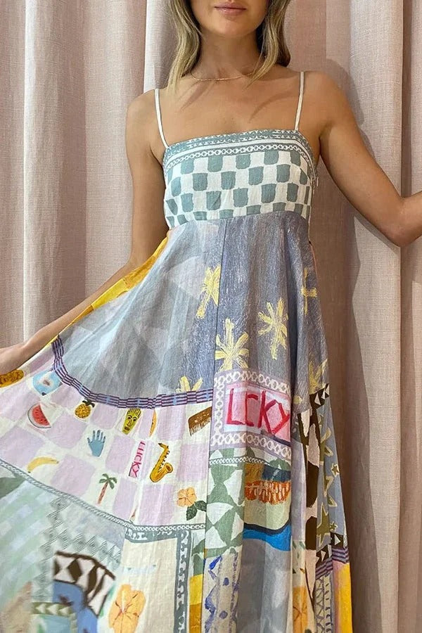 Wonderful Weekend – Midikleid aus Leinenmischung mit einzigartigem Aufdruck, gesmokten Rückentaschen