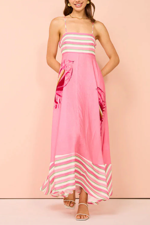 Rückenfreies, gestreiftes, gespleißtes Swing-Maxi-Camisole-Kleid mit Blumendruck