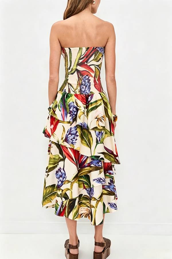 Tropical Botanical Prints Smocked Ruffles and Draped Detail Strapless Midi Dress