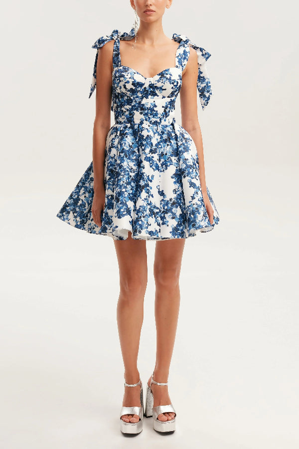 Robe mini évasée princesse à imprimé floral et bretelles à nœuds, style jardin d'Eden