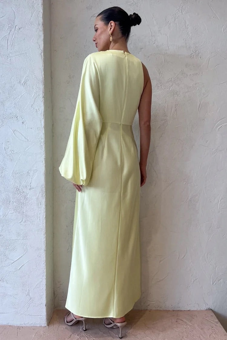 Satin One-Shoulder Langarm Slim Elegant Formale Party Midikleider