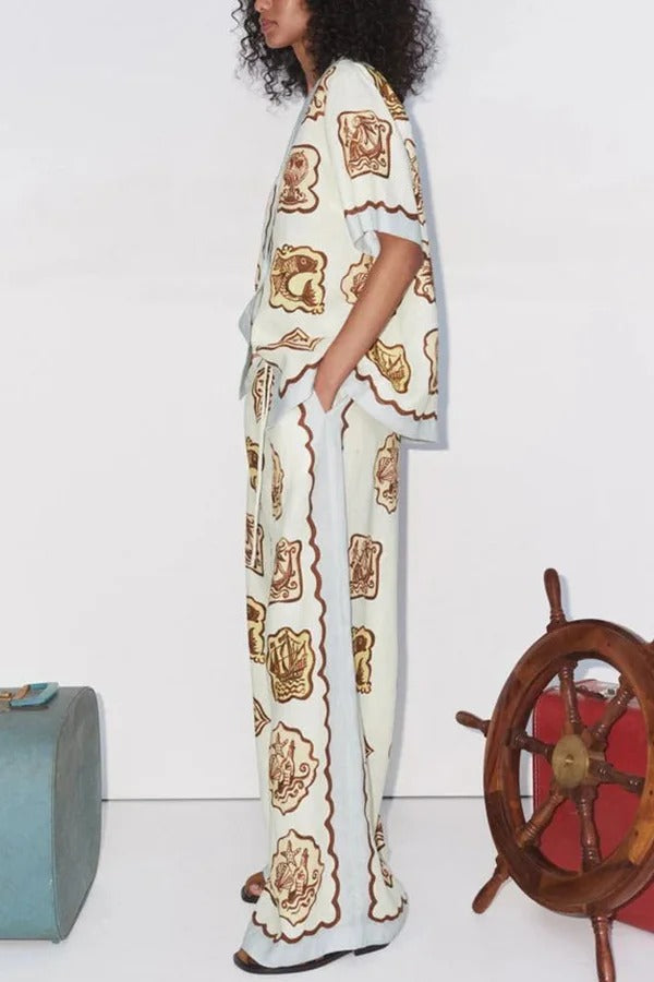 Lakeside Breeze – Hose aus Leinenmischung mit einzigartigem Druck und elastischer Taille und Tasche mit weitem Bein