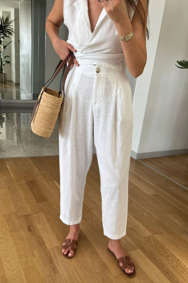 Ensemble deux pièces décontracté en coton et lin avec gilet et pantalon à revers uni