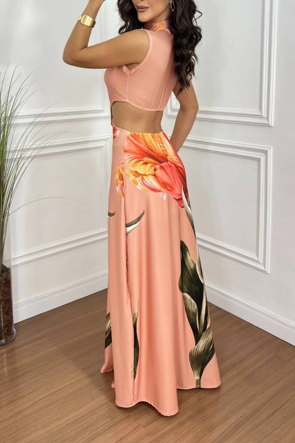 Bettie bedrucktes Maxikleid mit hohem Halsausschnitt, quadratischer Schnalle und Cut-Out-Taille