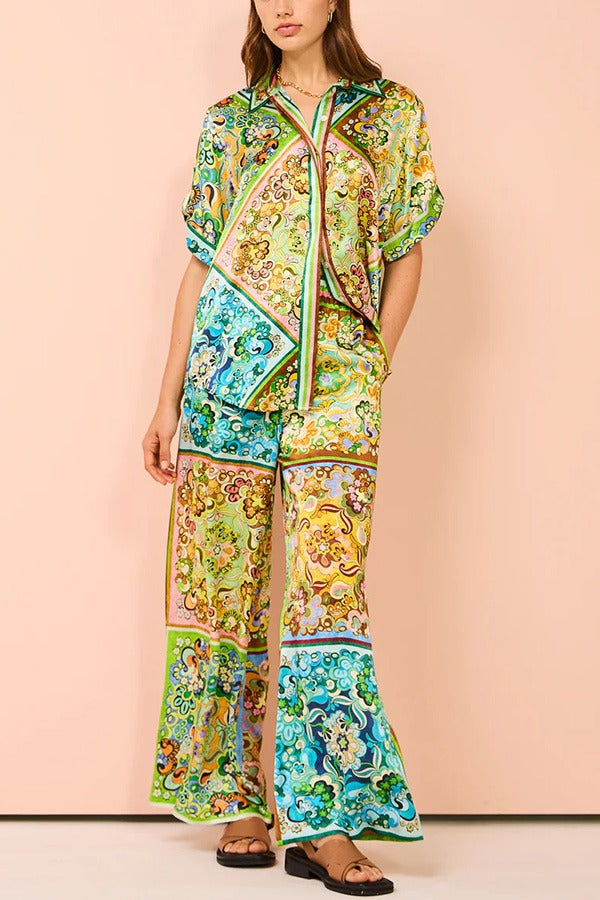 Joselyn Paisley Colorblock Einzigartiger Druck Elastischer Bund Taschen Hosenset