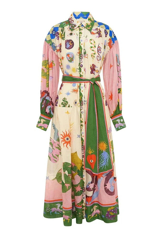 MÜHELOSES UND VERSPIELTES MIDIKLEID MIT EINZIGARTIGEM PRINT UND BALLONÄRMELN