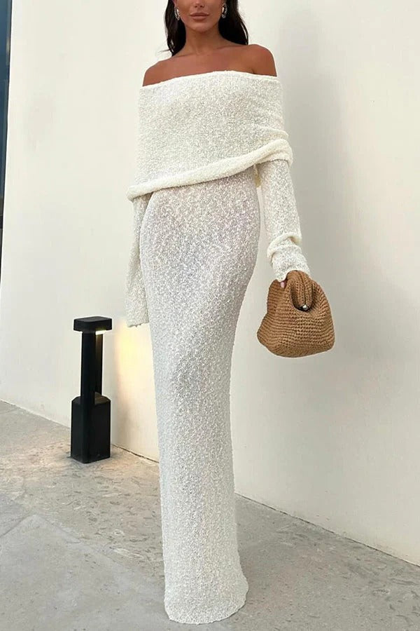 Marisol – Schulterfreies, drapiertes Maxikleid aus geripptem Bouclé-Material mit Stretchanteil für den Urlaub