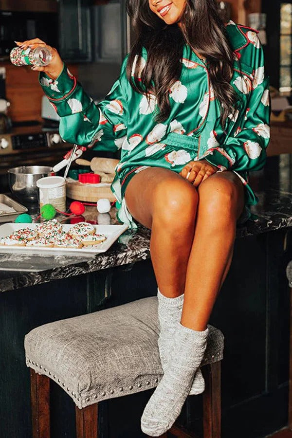 Dear Santa Satin Printed Elastic Waist Pocket Pajama Shorts Set