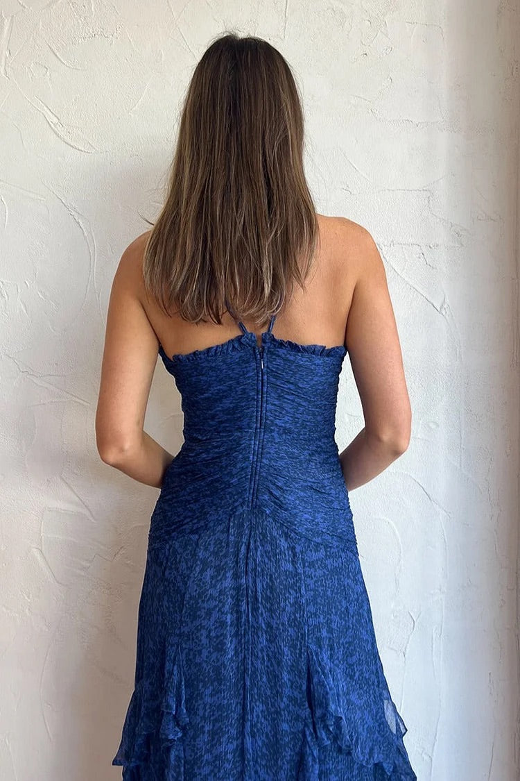 Cami Unregelmäßiger Hals Rüschen Geraffte Rückenfreie Tüll Cocktail Party Muster Druck Maxi Kleider