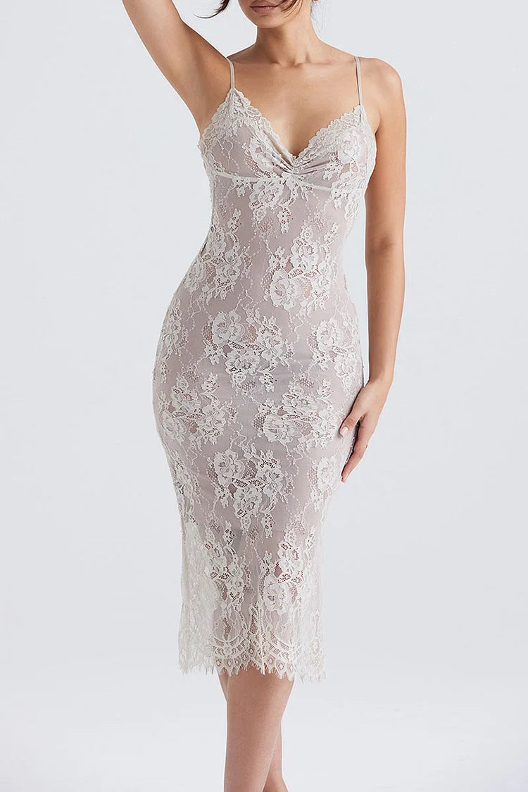 Floral Lace Slip V-Ausschnitt Rückenfreie Cocktail Party Midikleider