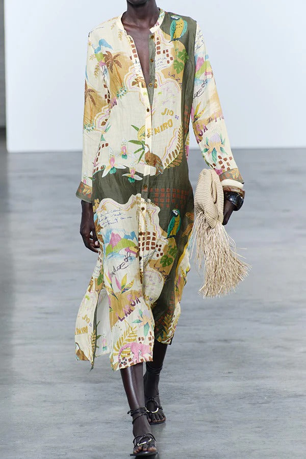 Cayla – Langärmliges Midikleid aus Leinenmischung mit einzigartigem Druck und Knöpfen