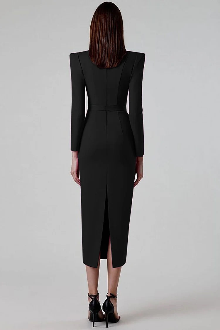 Robe mi-longue moulante blanche unie à col irrégulier et manches longues