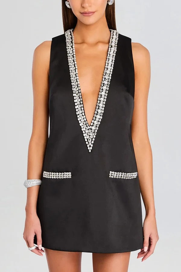 Elegant Demeanor Satin Gemstone Trim Deep V-Neck Tank H-line Mini Dress