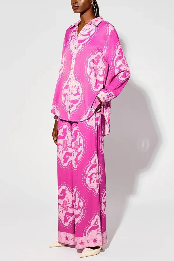 Ensemble chemise surdimensionnée à manches longues et pantalon à taille élastique à imprimé unique Elliot