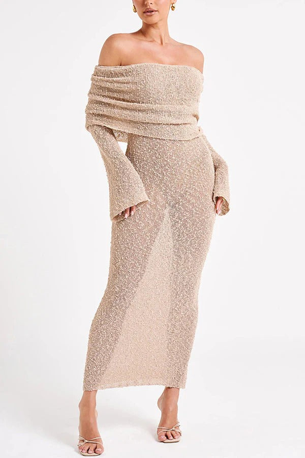 Marisol – Schulterfreies, drapiertes Maxikleid aus geripptem Bouclé-Material mit Stretchanteil für den Urlaub