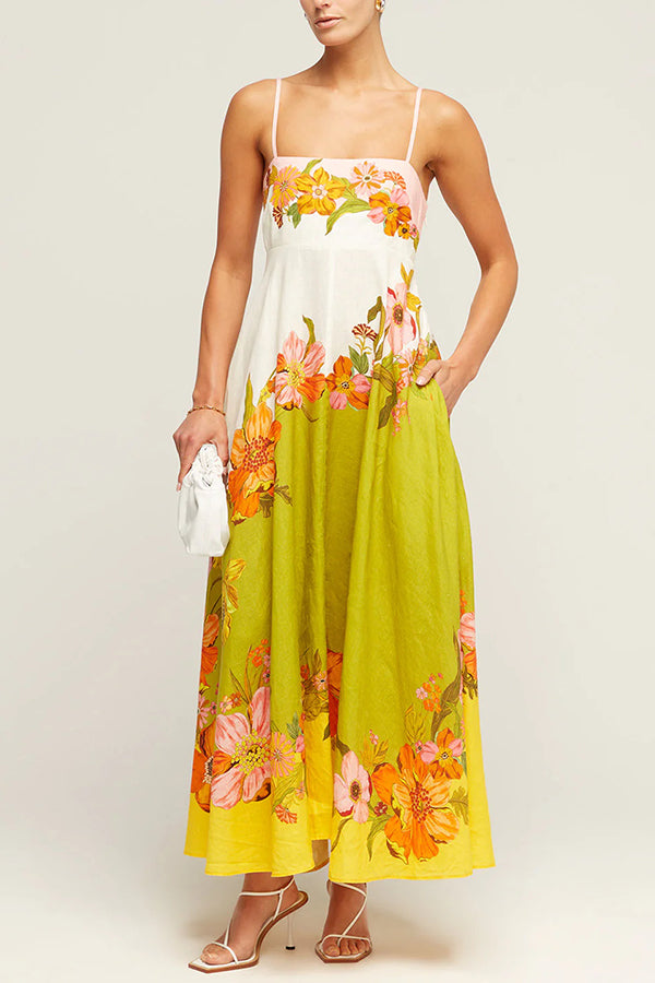 Robe longue Malakai en lin mélangé à imprimé floral contrasté et poches smockées dans le dos