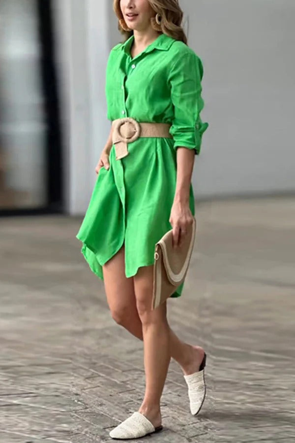 Einfarbiges, langärmliges Minikleid im Button-Down-Hemdstil aus Leinenmischung