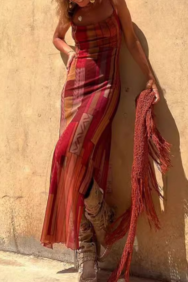 Sexy ärmelloses bedrucktes elastisches Schlitz-Strapsnetzkleid