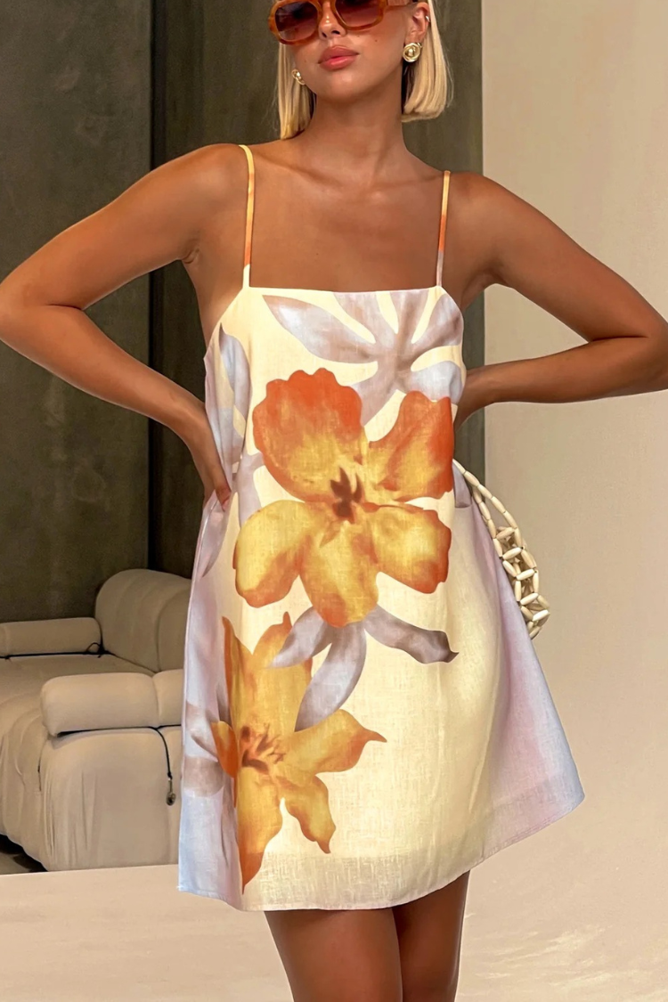 Robe courte coupe H à imprimé floral en lin mélangé Summer Surprise