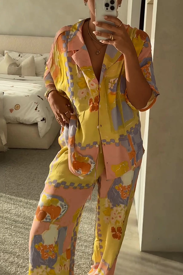 Lässiges zweiteiliges Set mit Ölgemälde-Print