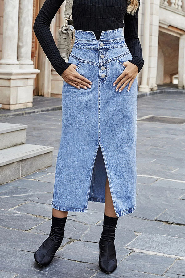 Einfarbiger Jeansrock mit hoher Taille, Schlitz vorne und Seitentasche