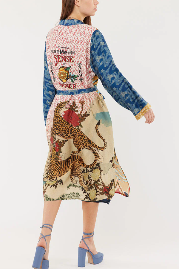 Kimonomantel mit tropischem Dschungel-Tiger und einzigartigem Aufdruck, langen Ärmeln und Gürteltasche