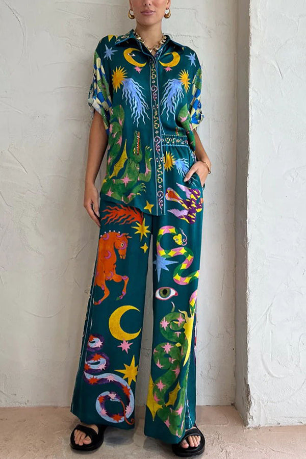 Beachy Chic Leinenmischung Einzigartiger Druck Button-Down Oversize Bluse