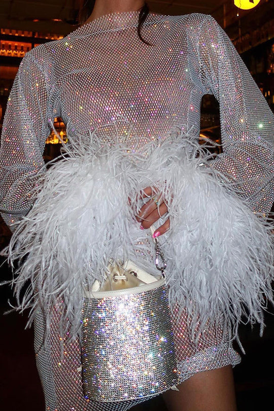 Night Surprise Party-Minikleid mit Strass-Stoff und Federärmeln