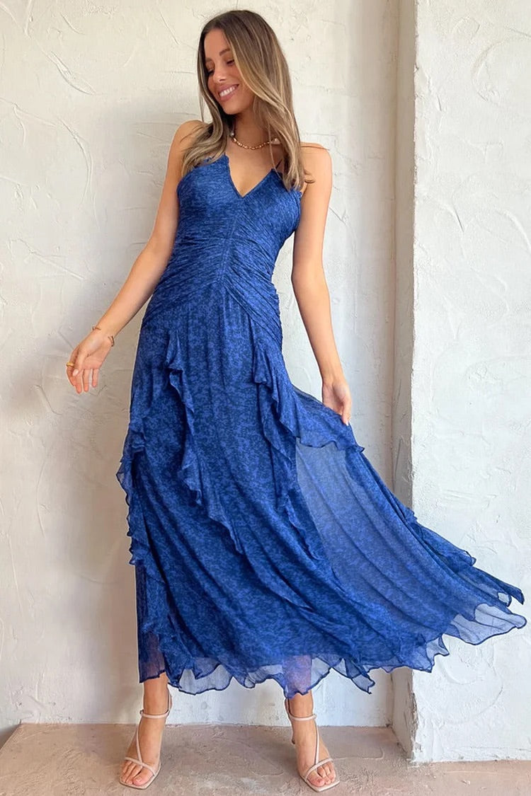 Cami Unregelmäßiger Hals Rüschen Geraffte Rückenfreie Tüll Cocktail Party Muster Druck Maxi Kleider