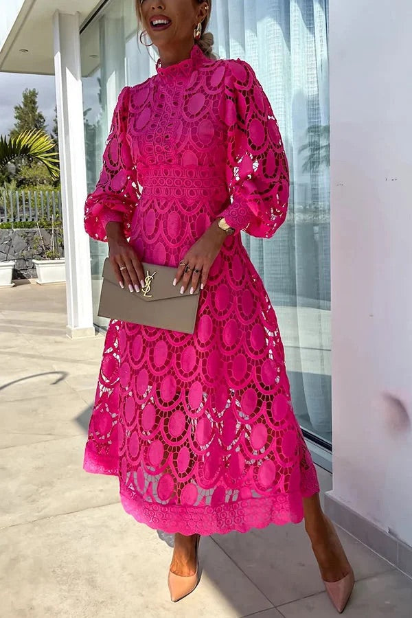 Romantisches, sinnliches und elegantes Midi-Partykleid mit Häkelspitze und Laternenärmeln